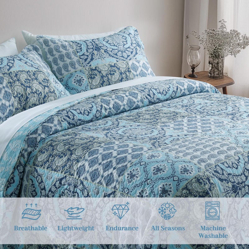 KASENTEX Country-Chic Printed Pre-Washed Quilt Bedding Set - Microfiber Fabric Quilted Pattern Bedding (Multi-Blue B, Queen + 2 Shams) - Image 4